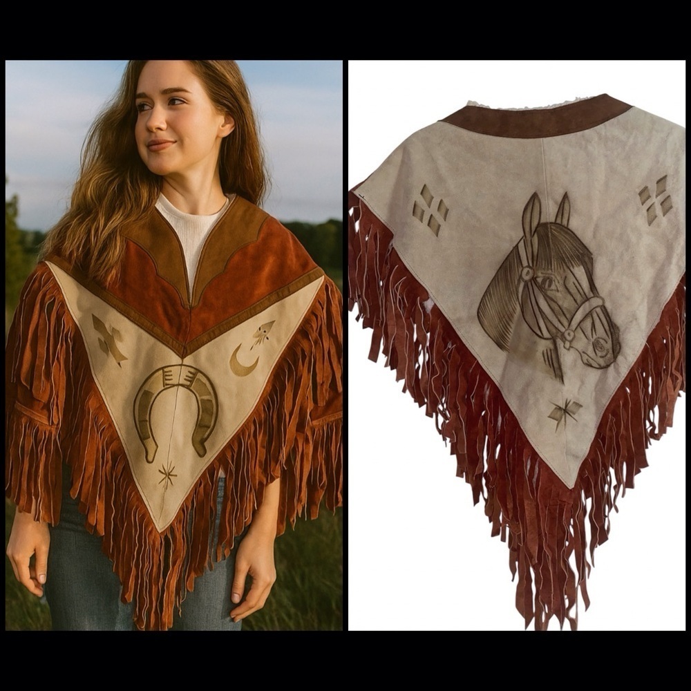 Vintage HECHO EN MEXICO Leather Suede Horse Embody Fringe Brown Western Poncho